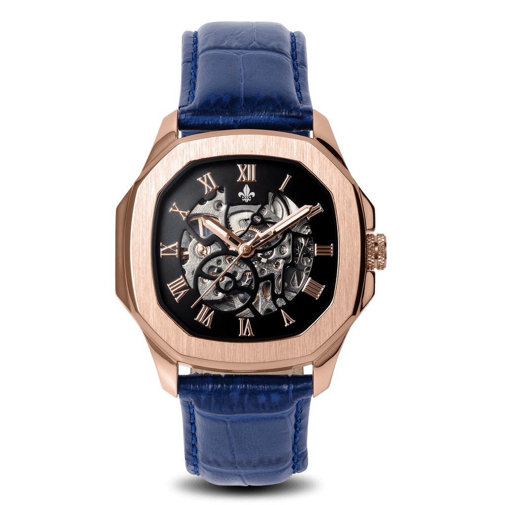 The Avalon Rose Gold + Blue Leather Croc Pattern Strap