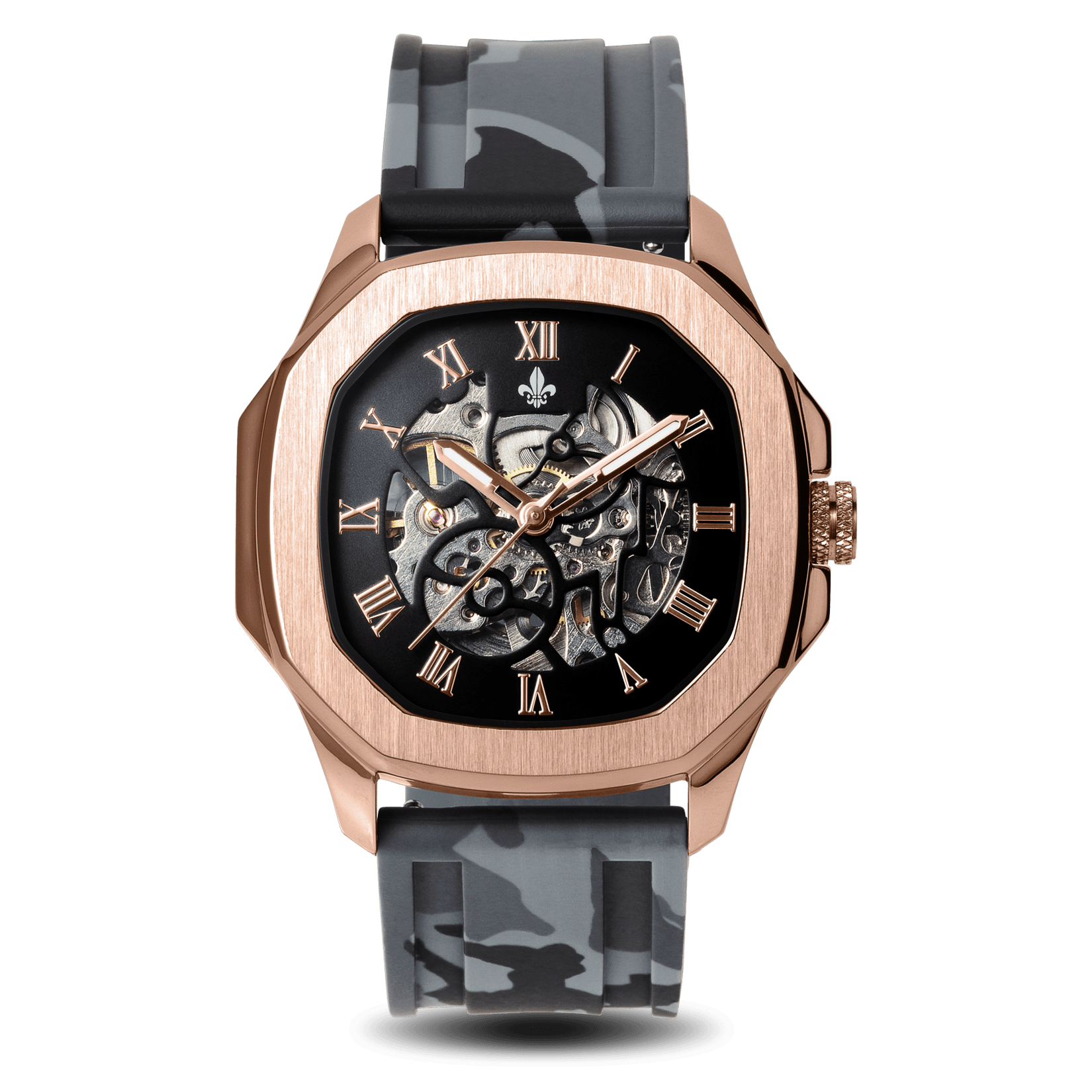 The Avalon Rose Gold + Grey Camo Strap