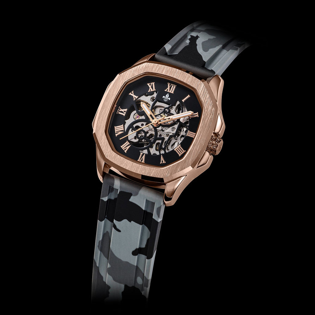 The Avalon Rose Gold + Grey Camo Strap